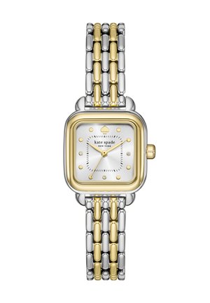 Viereckige Uhr mit einem Silber- und Goldmetallband. Verfügt über ein weißes Zifferblatt, goldene Akzente und mit Juwelen besetzte Stundenmarkierungen. Auffälliges Spaten-Logo-Design.