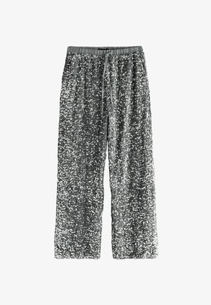 Ezüst flitteres nadrág széles lábbal, rugalmas derékkal és zsinórral, tükröződő, textúrált felülettel.