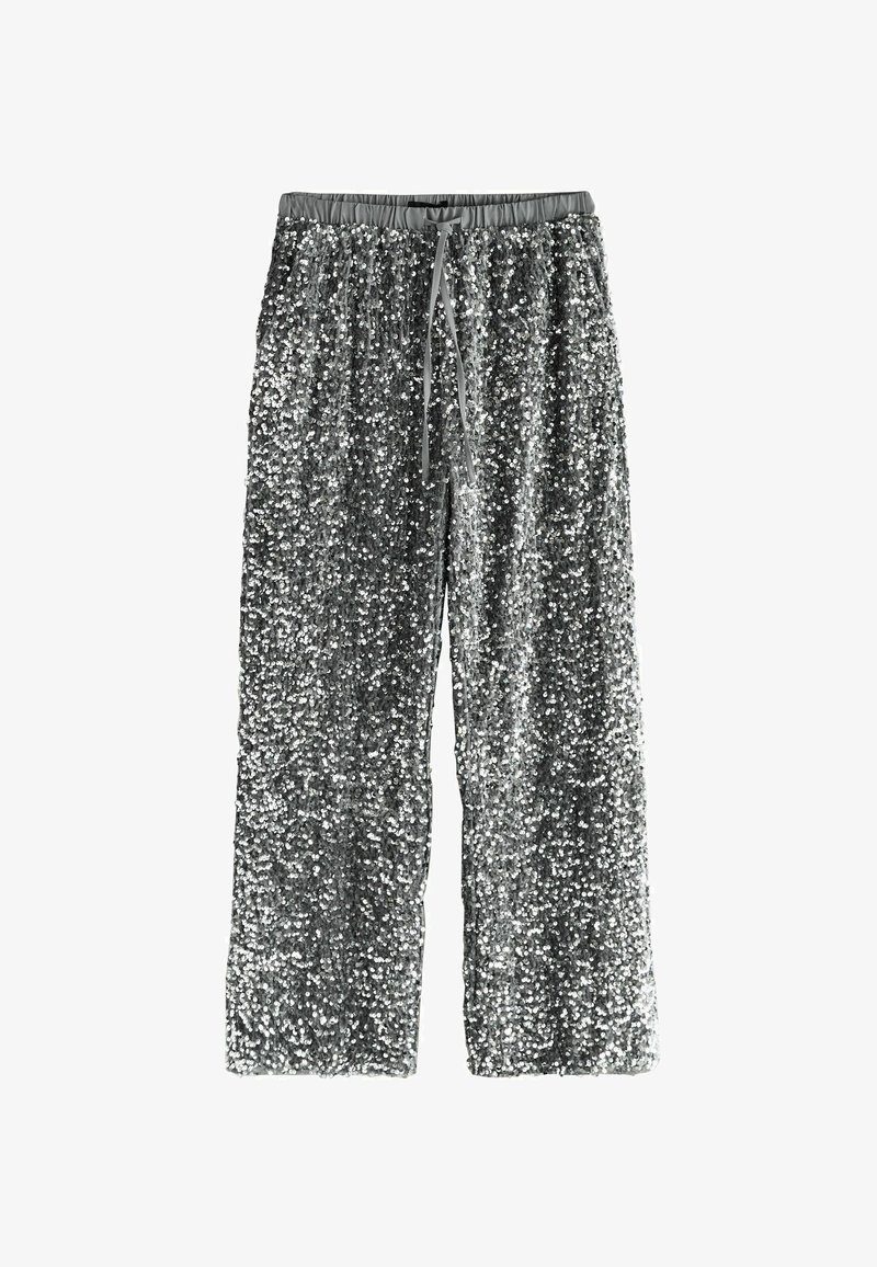 Strieborné nohavice so sequínmi a širokým strihom, vybavené elastickým pásom a stiahnutím, s reflexným, texturovaným povrchom.