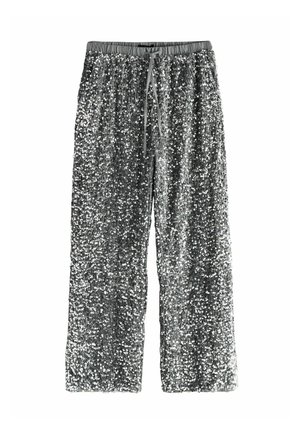 Silver sequin pants with wide leg design, featuring an elastic waistband and drawstring, showcasing a reflective, textured surface.