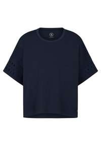 Námořnicky modré tričko s krátkým rukávem a oversized střihem; má výřezy na rukávech a kulatý výstřih. Vyrobeno z měkké tkaniny.