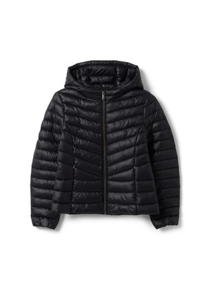 Schwarze gesteppte Daunenjacke mit Kapuze, Frontreißverschluss und diagonalem Steppmuster, für kaltes Wetter entworfen.
