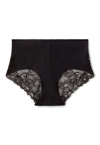 Slip da donna in pizzo nero a boyshort con motivi floreali e pannelli in rete semitrasparente sui lati e i bordi.