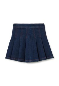 Jeans-Rock mit Falten, dunkelblau mit roten Nähten. Hat einen taillierten Bund und mehrere Falten für mehr Volumen.