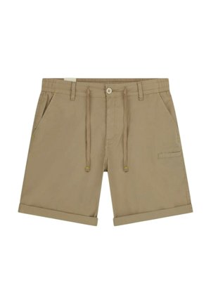 Beige casual shorts met knoop en koord in de taille, twee zijzakken, één klein zijzakje en opgerolde zomen.