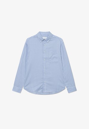 Light blue long-sleeve shirt with vertical white and dark blue stripes. Features a button-down collar and a single chest pocket.