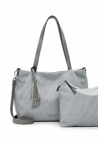 Gray fabric tote bag with a detachable smaller pouch, featuring leather straps, metallic accents, and a textured finish.