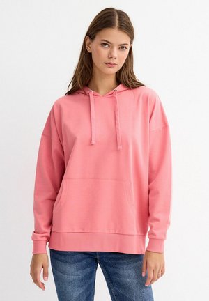 Sudadera con capucha rosa, con un bolsillo frontal, mangas largas y puños acanalados. Fabricada con un tejido suave y ligero, con un ajuste relajado.