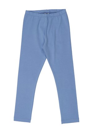 Hellblaue Leggings mit elastischem Bund, glatter Textur, zulaufenden Beinen und einfacher Naht auf weißem Hintergrund.