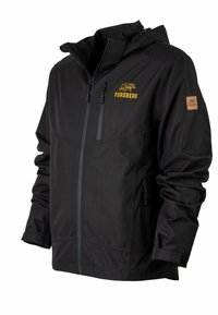 Schwarze Outdoor-Jacke mit Kapuze, featuring gelbem Logo, Reißverschlusstaschen und verstellbaren Bündchen. Glatte Oberfläche, weiche Textur und leichtes Design.