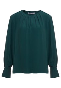 Blusa verde scuro con design plissettato, scollatura rotonda e maniche lunghe leggermente gonfiate. Realizzata in tessuto liscio e leggero.