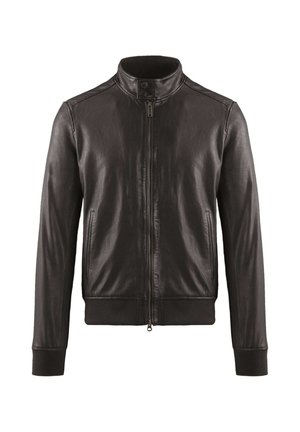 Giacca in pelle nera con colletto alto, chiusura a zip e polsini a coste. Presenta una texture liscia e un design leggermente aderente.