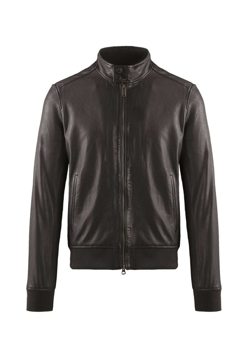 Giacca in pelle nera con colletto alto, chiusura a zip e polsini a coste. Presenta una texture liscia e un design leggermente aderente.