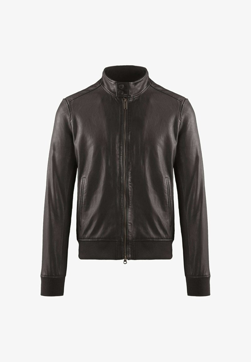 Giacca in pelle nera con colletto alto, chiusura a zip e polsini a coste. Presenta una texture liscia e un design leggermente aderente.