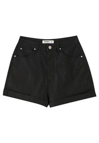 Pantaloni shorts in denim nero con vita alta, risvolti, due tasche frontali e dettagli in metallo argentato. Presentano leggeri puntini nel tessuto.