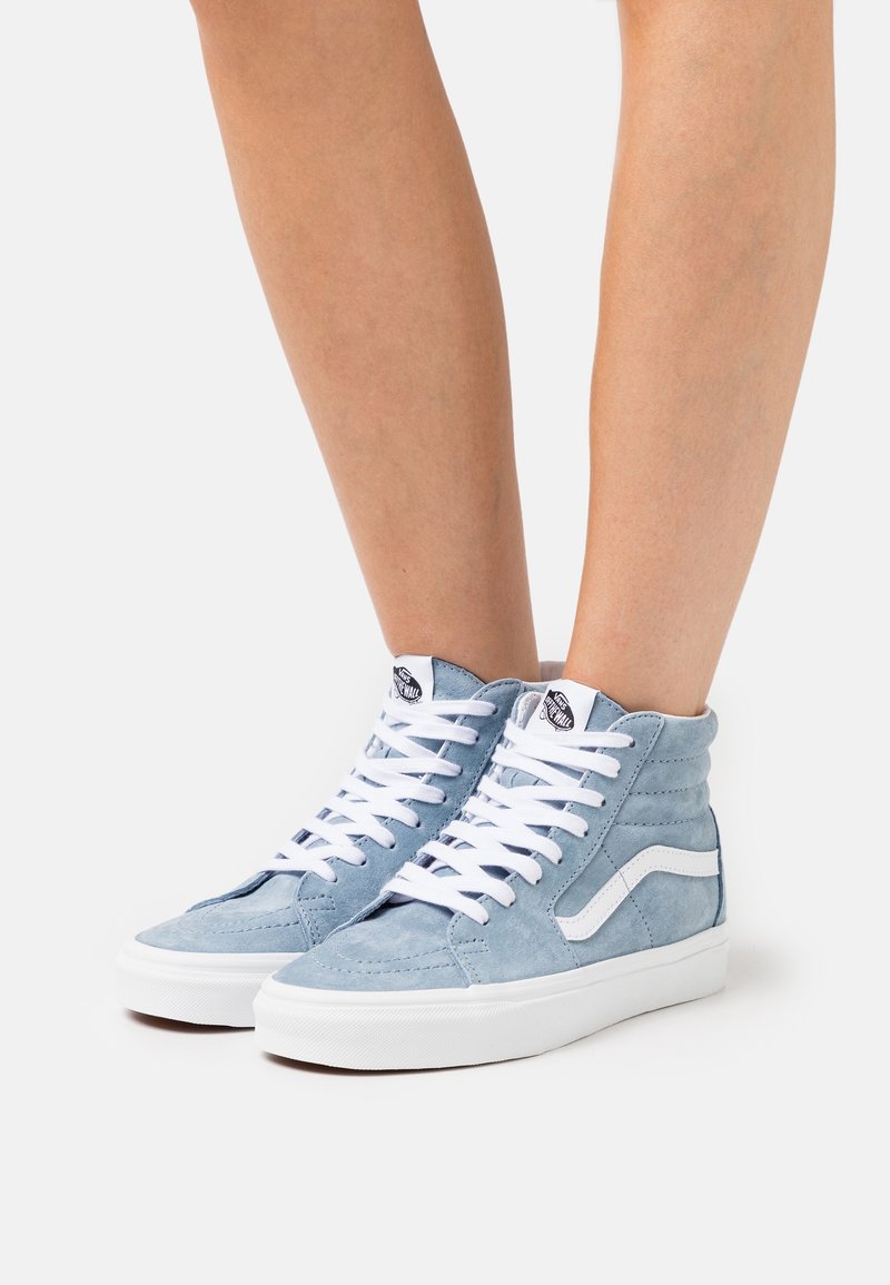 Jambes portant des baskets montantes bleu clair avec des lacets blancs et une semelle blanche sur fond blanc.