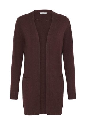 Cardigan bordeaux con maniche lunghe, apertura frontale e due tasche anteriori; realizzato in un morbido tessuto testurizzato; design minimalista.