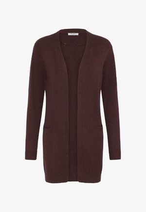 Burgundy kofta med långa ärmar, öppen front och två framfickor; tillverkad av mjukt, strukturerat tyg; minimalistisk design.