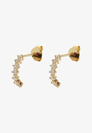 Ohrringe in Goldoptik mit einem geschwungenen Design und sieben klaren, runden Edelsteinen, die gleichmäßig entlang des Bogens angeordnet sind. Glatte Metalloberfläche; mit Steckverschluss.