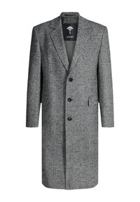 Soprabito grigio a spina di pesce con rever a lancia, chiusura a tre bottoni e tasche laterali. Presenta una fodera interna liscia e il logo del marchio.