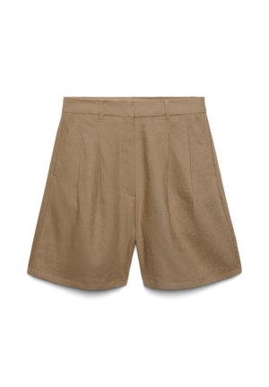 Tan pleated shorts with belt loops and side pockets, made from lightweight fabric, shown flat on a white background.