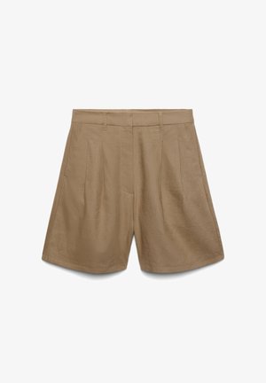 Tan pleated shorts with belt loops and side pockets, made from lightweight fabric, shown flat on a white background.