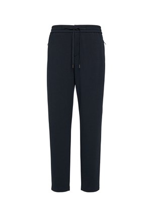 Navy jogger-housut pehmeästä kankaasta, jossa on joustava vyötärönyöri, kaksi sivutaskua ja kapeat lahkeet.