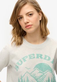 Lys grå bomulds t-shirt med en teal bjerggrafik og "SUPERD" tekst, med rund halsudskæring og afslappet pasform.