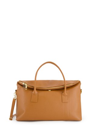 Tan leather duffel bag with two short handles, a zippered closure, and a detachable shoulder strap. Textured surface with gold hardware accents.