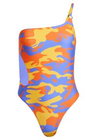 Μαγιό ενός ώμου σε έντονο πορτοκαλί, μπλε και κίτρινο καμουφλάζ. Φτιαγμένο από ελαστικό υλικό με αδιάσπαστο σχέδιο.