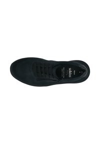 Black leather sneaker viewed from above, featuring laces, side zipper, and branded insole with size and material details.