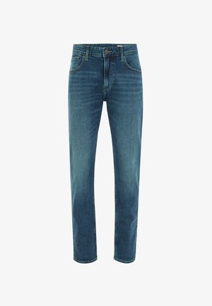 Tumedatest sinisest denimist teksad sirge sääre disainiga, viie taskuga stiil, metallist nööpide sulgemisega ja kergelt pleekinud kohtadega reitel.