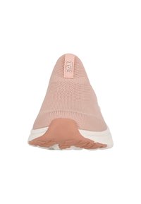 Helle rosa Sportschuh mit einem atmungsaktiven Strickobermaterial, runder Zehenpartie und einer strukturierten Gummisohle. Verfügt über eine Zuglasche an der Ferse.