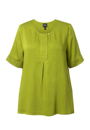 Blouse à manches courtes en vert vif, avec un col rond, un petit bouton décoratif et un pli sur le devant pour un design supplémentaire.