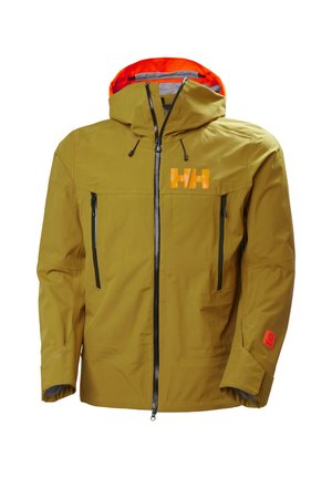 Olijfgroene waterdichte jas met oranje capuchonvoering, voorrits, twee zakken met rits en oranje "HH"-logo op de borst.