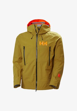 Olijfgroene waterdichte jas met oranje capuchonvoering, voorrits, twee zakken met rits en oranje "HH"-logo op de borst.