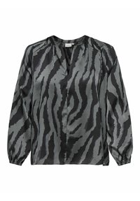 Grå satinblus med ett svart och mörkgrått tigerstripemönster, v-ringning, långa, sammetslena ärmar och en avslappnad passform.