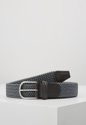 Gray braided fabric belt with black leather accents and a silver metal buckle, coiled on a white surface.