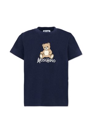 Granatowy T-shirt z krótkim rękawem z beżową grafiką misia i tekstem "Moschino" wyśrodkowanym z przodu.