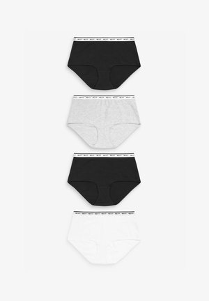 Set de patru perechi de chiloți din bumbac cu talie înaltă. Disponibili în culorile negru, gri și alb, cu un brâu inscripționat. Textură netedă.