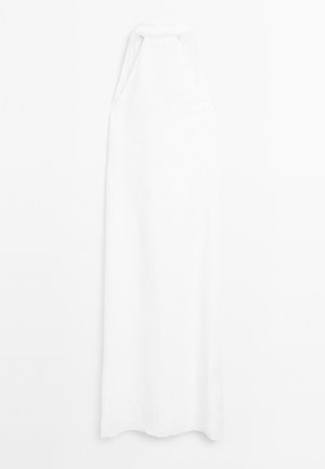 White linen dress with a high neckline, sleeveless design, and a flowing silhouette. Smooth texture, falls to the floor with no embellishments.