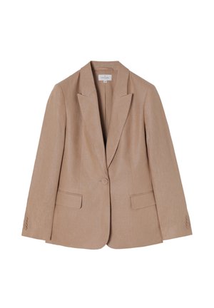 Beige linen blazer with a notched lapel, single button closure, two front pockets, and three-button cuff detail. Tailored design.