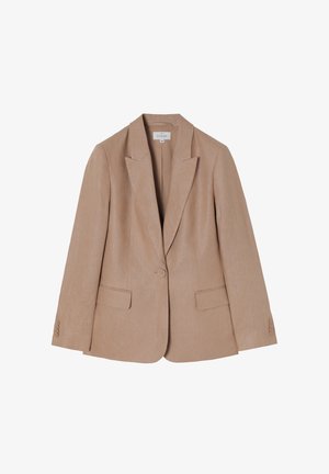 Beżowa lniana marynarka z wywijanym kołnierzykiem, zapinana na jeden guzik, z dwiema przednimi kieszeniami i detalem z trzema guzikami na mankietach. Dopasowany krój.