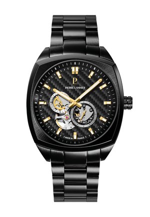 Schwarze Metallarmbanduhr mit goldenen Zeigern und Markierungen, Zifferblatt aus Kohlefaser, zwei Hilfszifferblätter, die das mechanische Uhrwerk und Zeitfunktionen anzeigen.