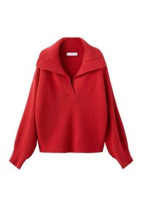 Jersey rojo de punto con cuello ancho y escote en V profundo. Presenta hombros caídos, mangas largas y un tejido texturizado. Largo cropped.