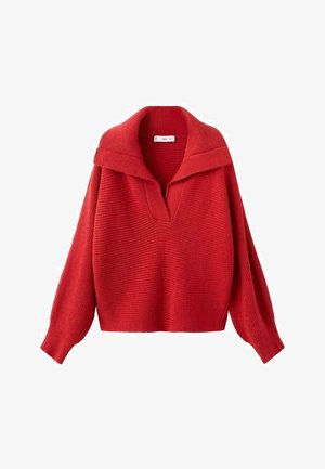 Czerwony sweter z dzianiny z szerokim kołnierzem i głębokim dekoltem w kształcie litery V. Charakteryzuje się opuszczanymi ramionami, długimi rękawami oraz teksturowaną tkaniną. Długość krótsza, sięgająca talii.