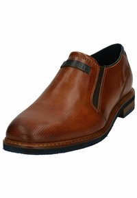 Braune Leder-Schlupfschuhe mit einer strukturierten Zehenkappe und schwarzen elastischen Seitenakzenten; verfügen über einen markierten schwarzen Riemen nahe dem Knöchel.