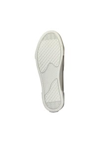 Semelle de chaussure en caoutchouc blanc présentant une surface texturée avec un motif en losange et des bords striés pour une meilleure adhérence. Finition lisse sur la section arrondie du talon.