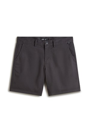 Pantaloni corti grigi in cotone morbido, con due tasche frontali, chiusura con bottone e design frontale piatto. Nessun motivo o accento visibile.