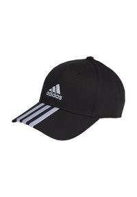 Black cotton baseball cap with a curved brim, featuring three white stripes on the front and an embroidered logo on the side.